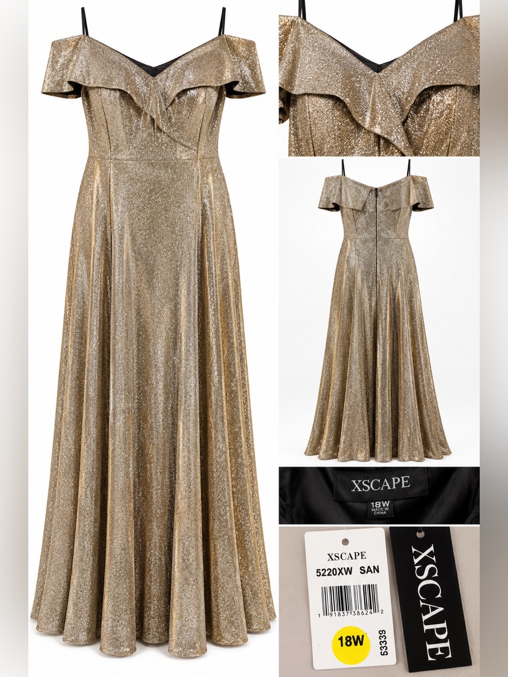 Xscape 18W Metallic Gold Off Shoulder Ruffle Formal Maxi Gown